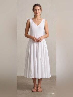 White Cotton Summer Midi Dress Fit and Flare Feminine L/XL